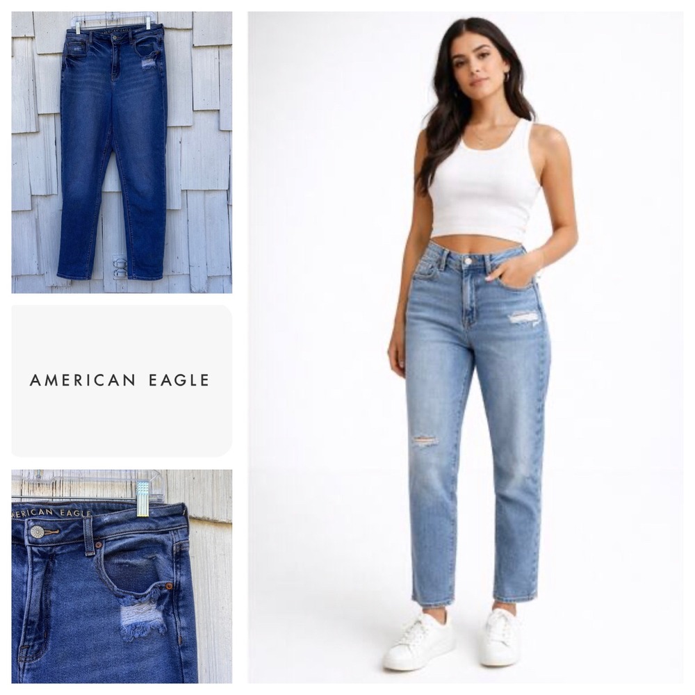 American Eagle Mom Jean‎ Women 10 X-Long Blue Distressed High Rise Denim Pants